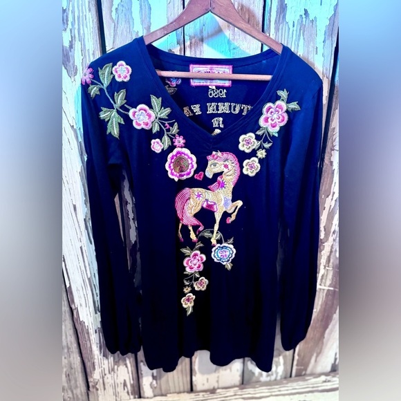 Johnny Was Tops - Johnny Was LA Vintage Carousel Horse Embroidered Shirt Black Size Small Fair